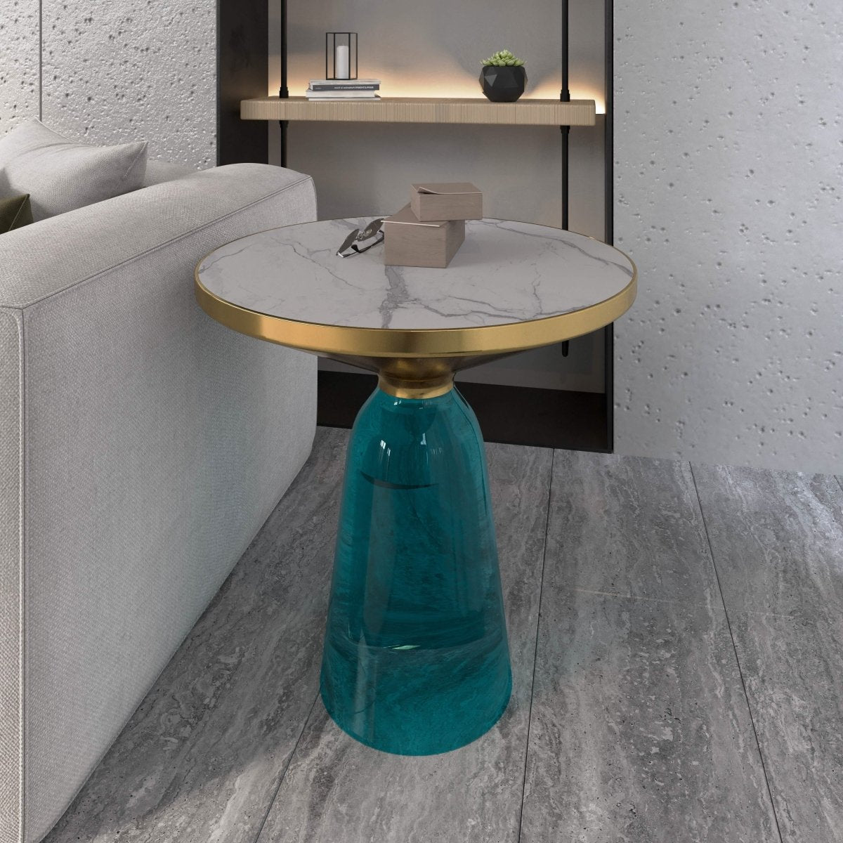 Tully 19-Inch Round Glass/Stone Side Table with Iron Rim Frame and Glass Base Gold Stone Blue White Stone Side Table Leisuremod