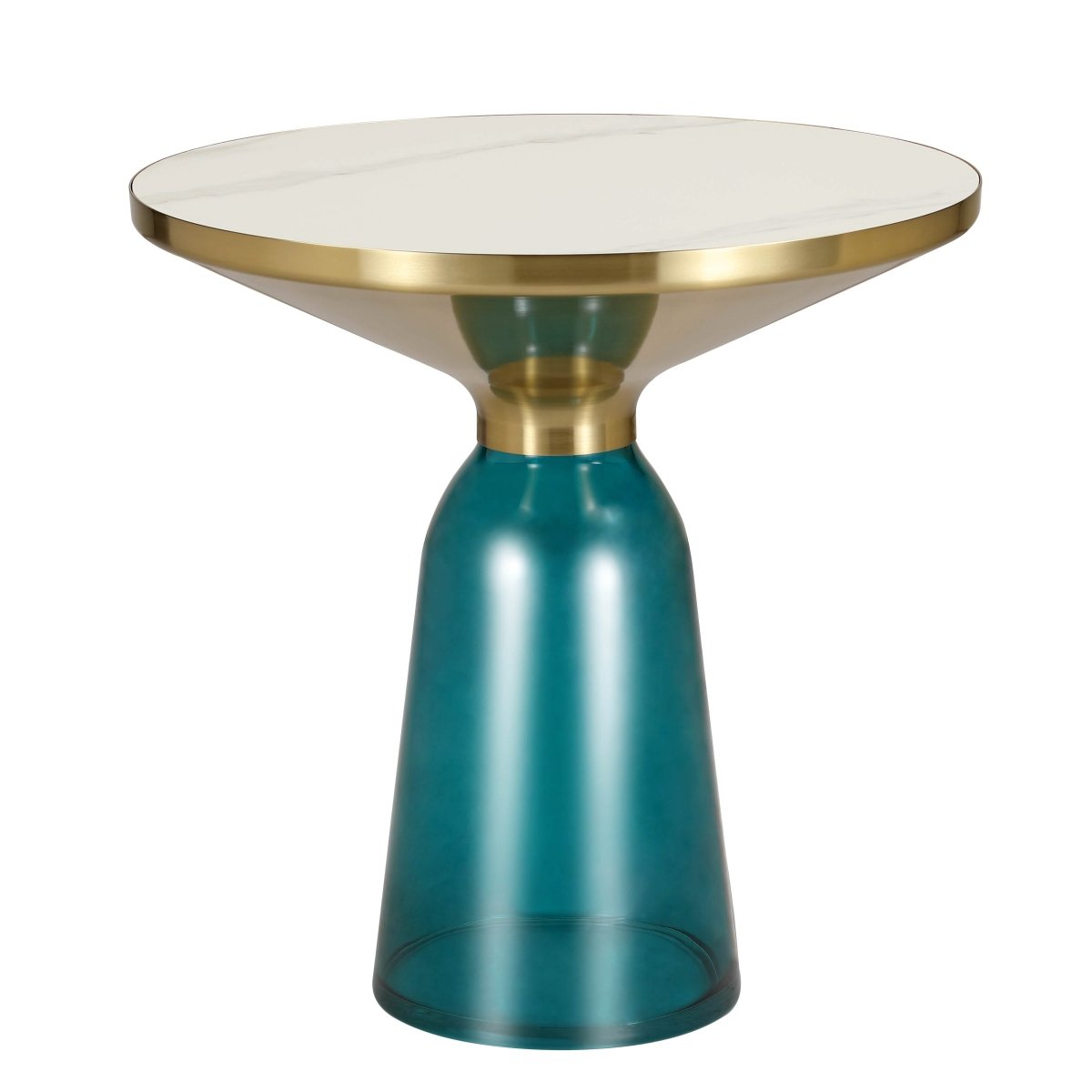 Tully 19-Inch Round Glass/Stone Side Table with Iron Rim Frame and Glass Base Gold Stone Blue White Stone Side Table Leisuremod