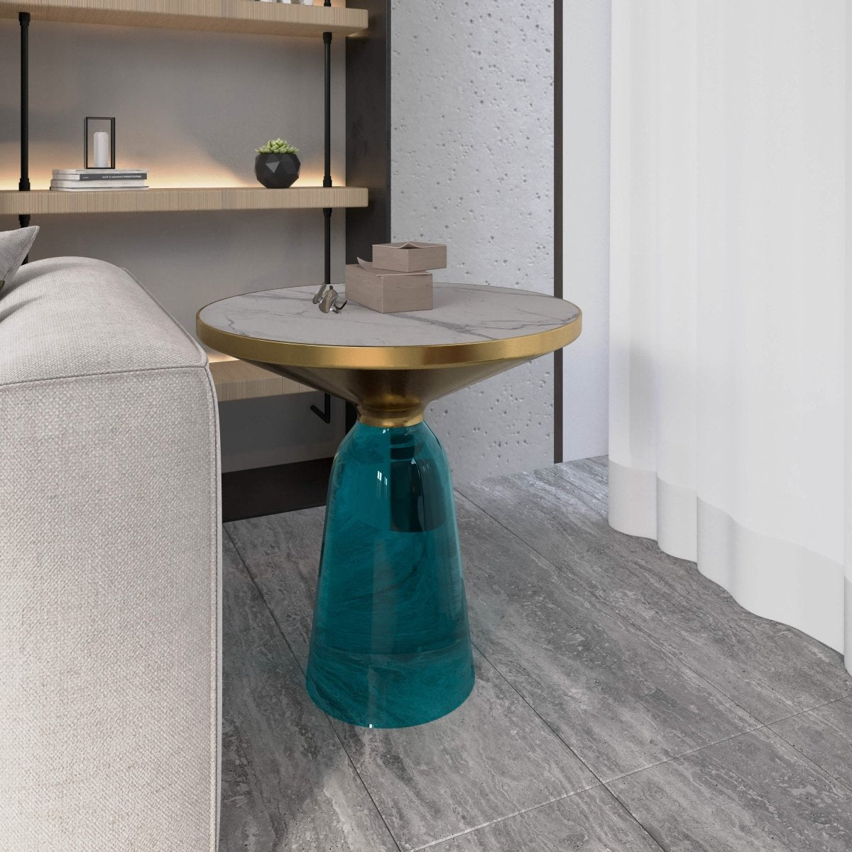 Tully 19-Inch Round Glass/Stone Side Table with Iron Rim Frame and Glass Base Gold Stone Blue White Stone Side Table Leisuremod