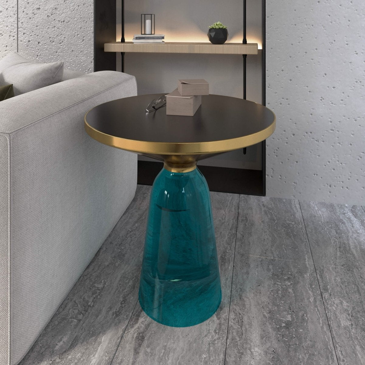 Tully 19-Inch Round Glass/Stone Side Table with Iron Rim Frame and Glass Base Gold Glass Blue Black Side Table Leisuremod