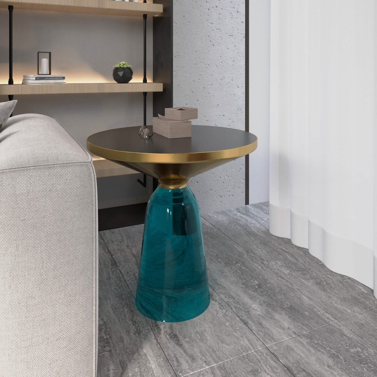 Tully 19-Inch Round Glass/Stone Side Table with Iron Rim Frame and Glass Base Gold Glass Blue Black Side Table Leisuremod