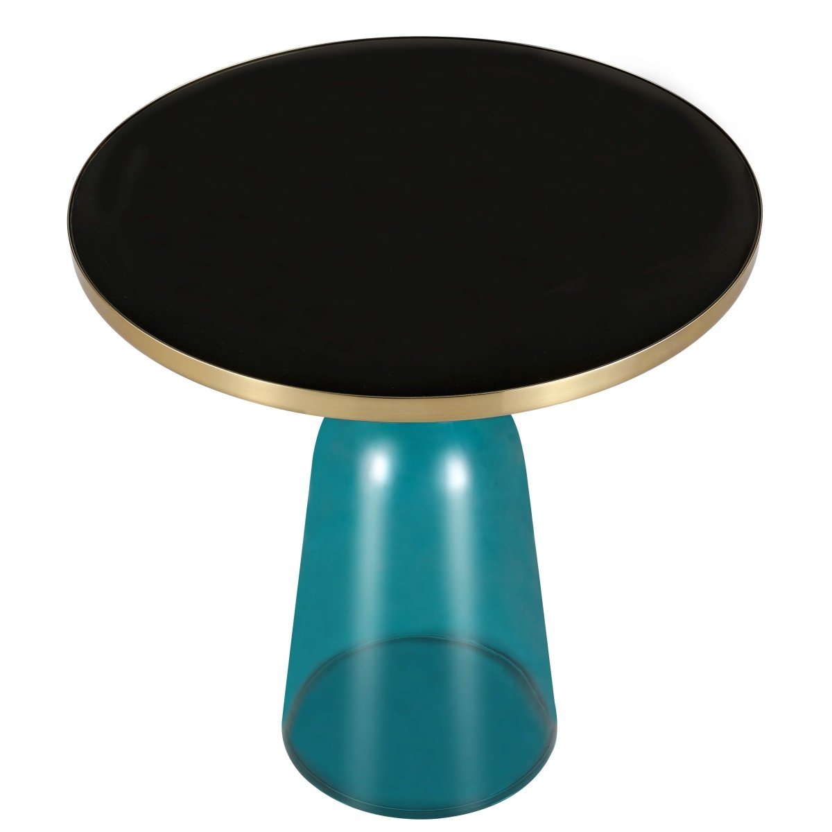 Tully 19-Inch Round Glass/Stone Side Table with Iron Rim Frame and Glass Base Gold Glass Blue Black Side Table Leisuremod