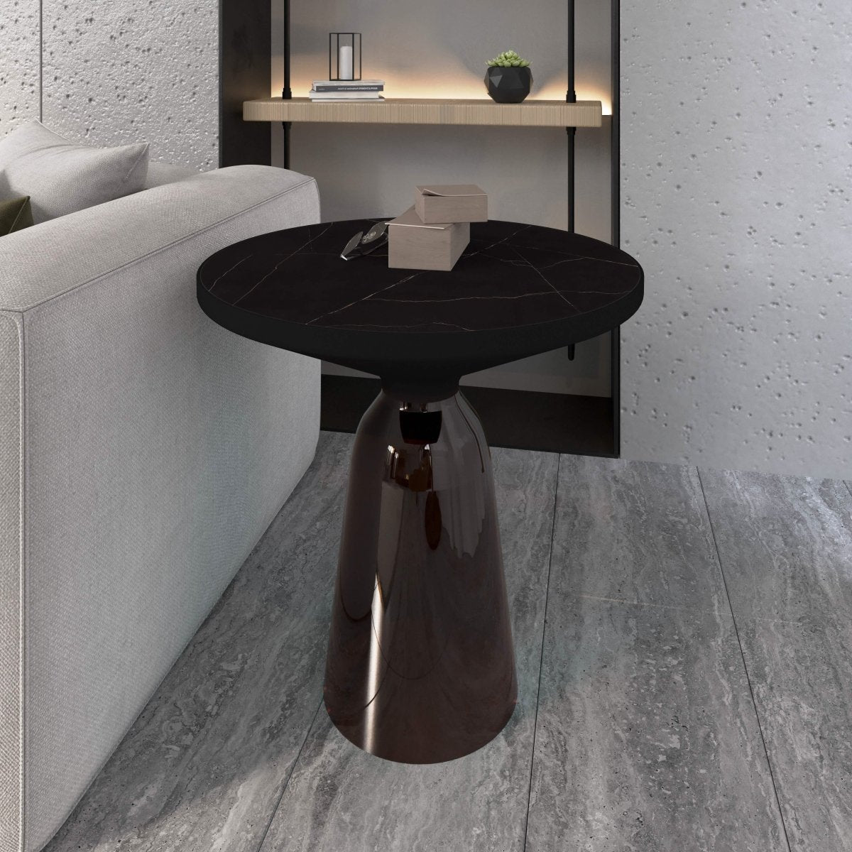 Tully 19-Inch Round Glass/Stone Side Table with Iron Rim Frame and Glass Base Black Stone Grey Black Stone Side Table Leisuremod