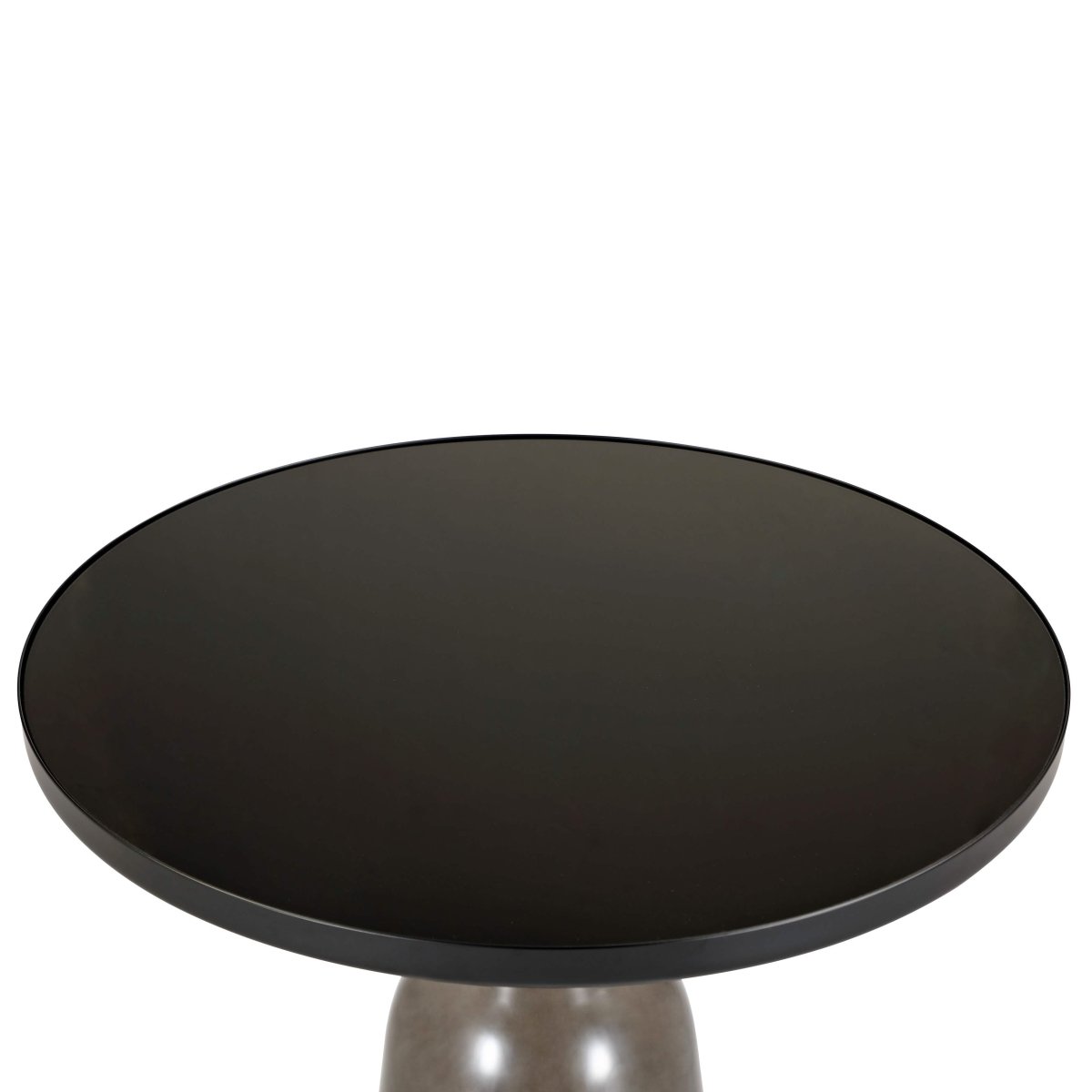 Tully 19-Inch Round Glass/Stone Side Table with Iron Rim Frame and Glass Base Black Glass Grey Black Side Table Leisuremod