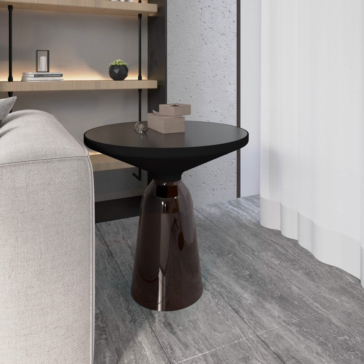 Tully 19-Inch Round Glass/Stone Side Table with Iron Rim Frame and Glass Base Black Glass Grey Black Side Table Leisuremod