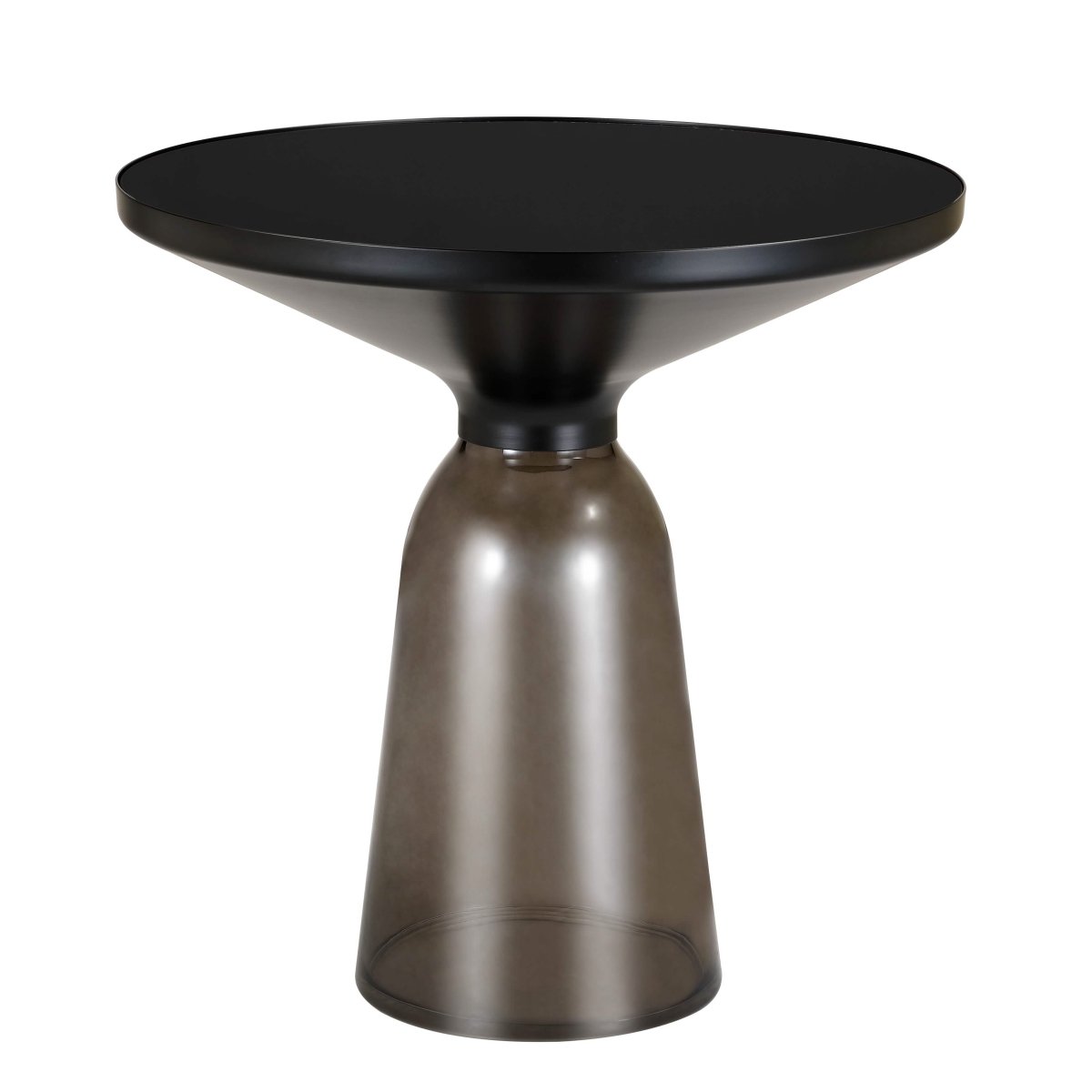 Tully 19-Inch Round Glass/Stone Side Table with Iron Rim Frame and Glass Base Black Glass Grey Black Side Table Leisuremod