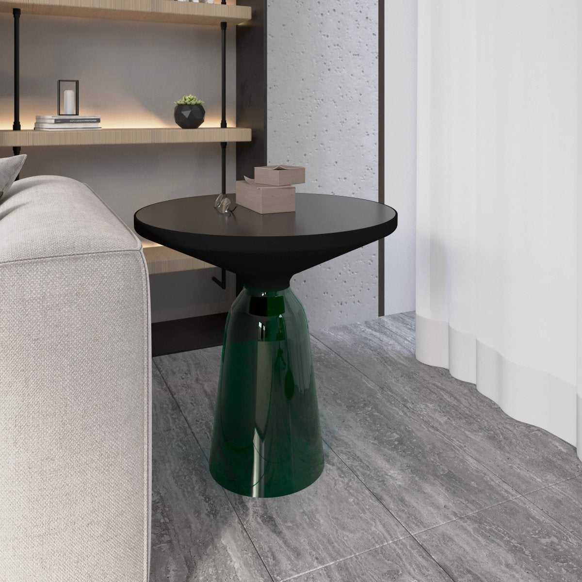 Tully 19-Inch Round Glass/Stone Side Table with Iron Rim Frame and Glass Base Black Glass Green Black Side Table Leisuremod