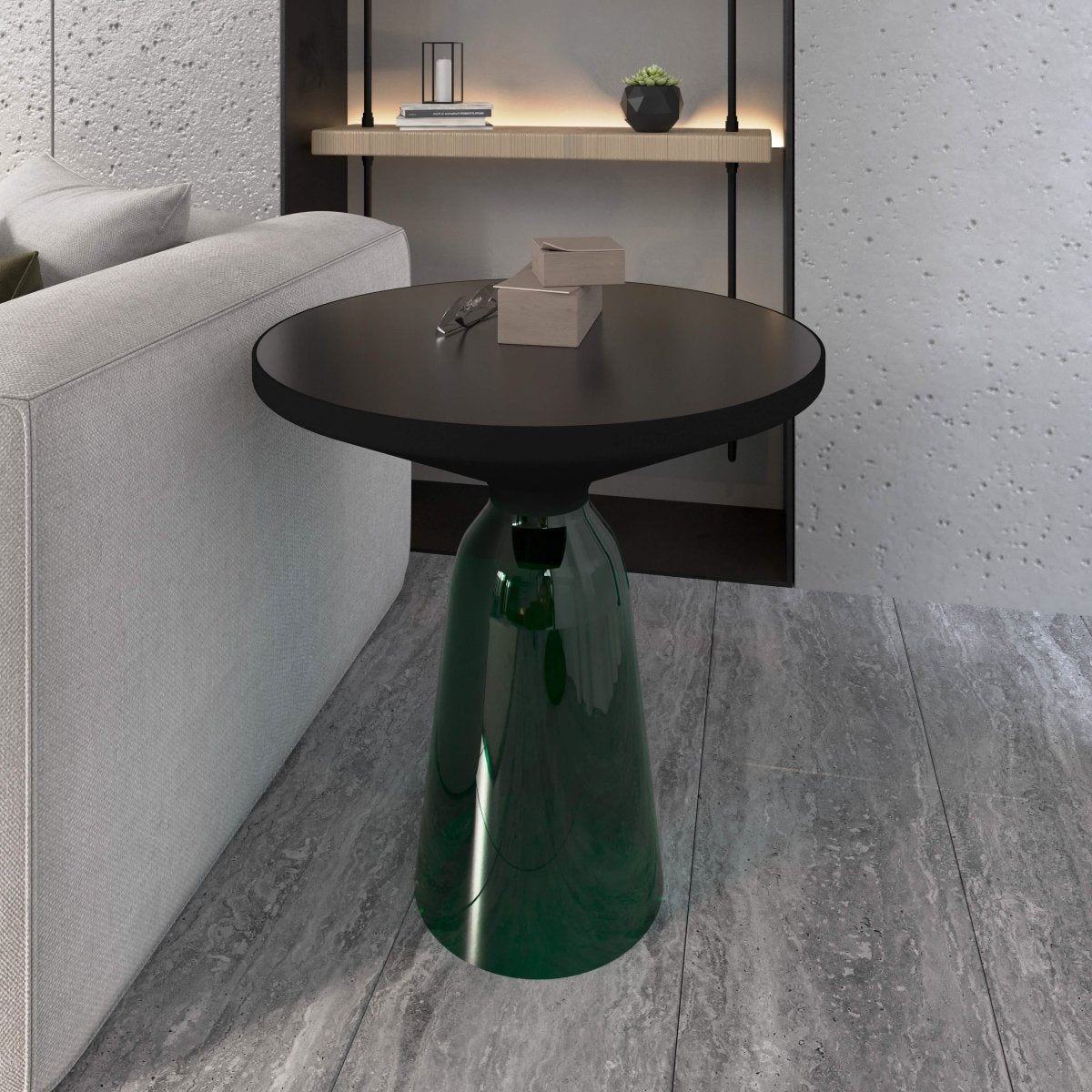 Tully 19-Inch Round Glass/Stone Side Table with Iron Rim Frame and Glass Base Black Glass Green Black Side Table Leisuremod