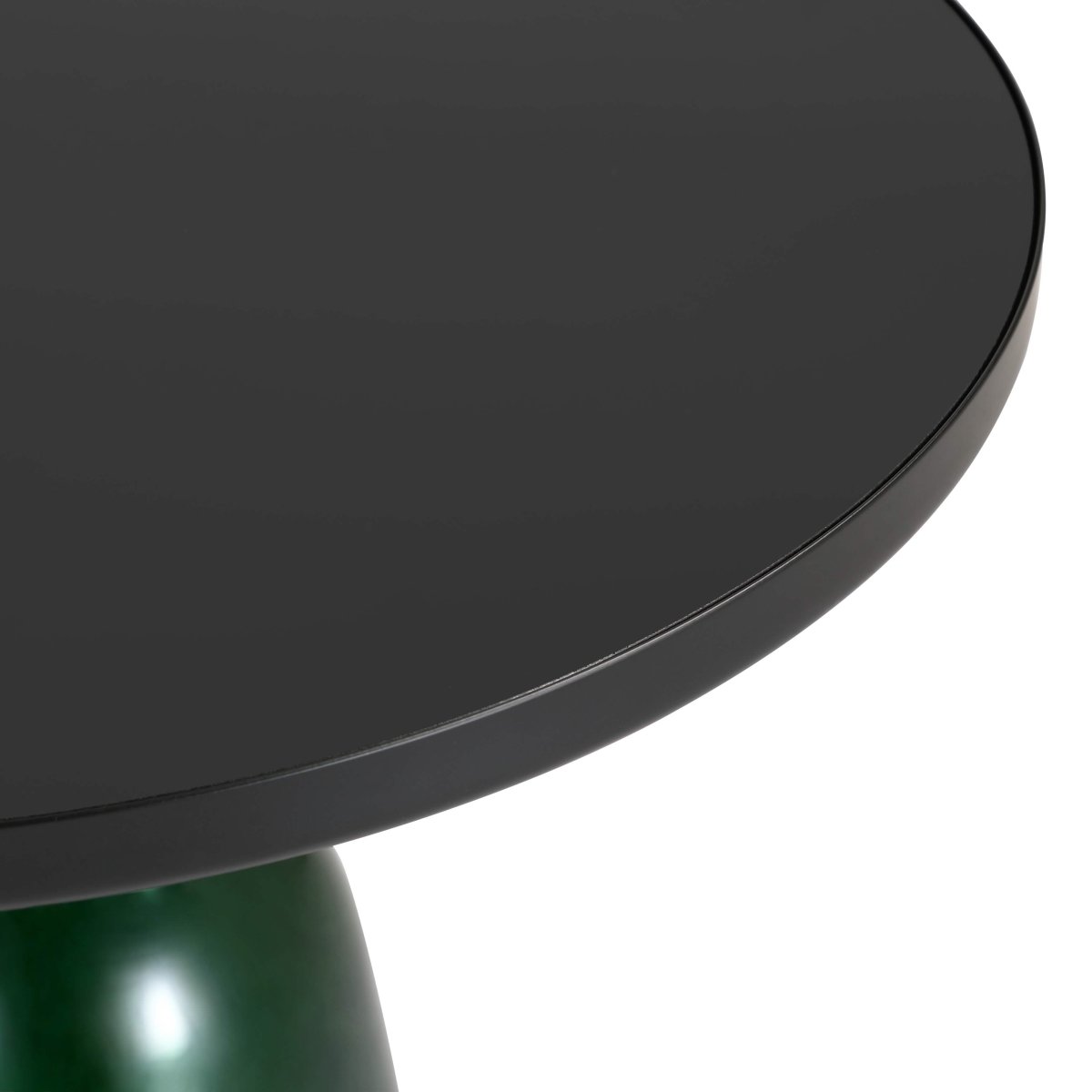 Tully 19-Inch Round Glass/Stone Side Table with Iron Rim Frame and Glass Base Black Glass Green Black Side Table Leisuremod