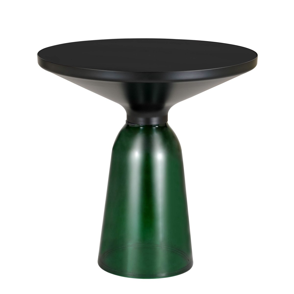 Tully 19-Inch Round Glass/Stone Side Table with Iron Rim Frame and Glass Base Black Glass Green Black Side Table Leisuremod