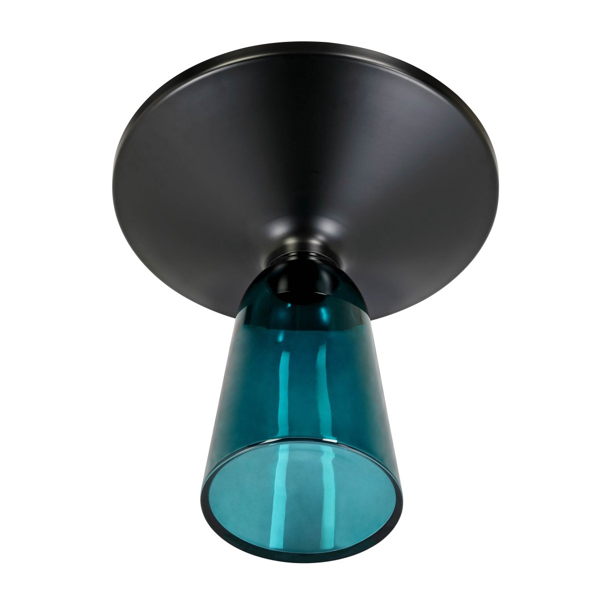 Tully 19-Inch Round Glass/Stone Side Table with Iron Rim Frame and Glass Base Black Glass Blue Black Side Table Leisuremod