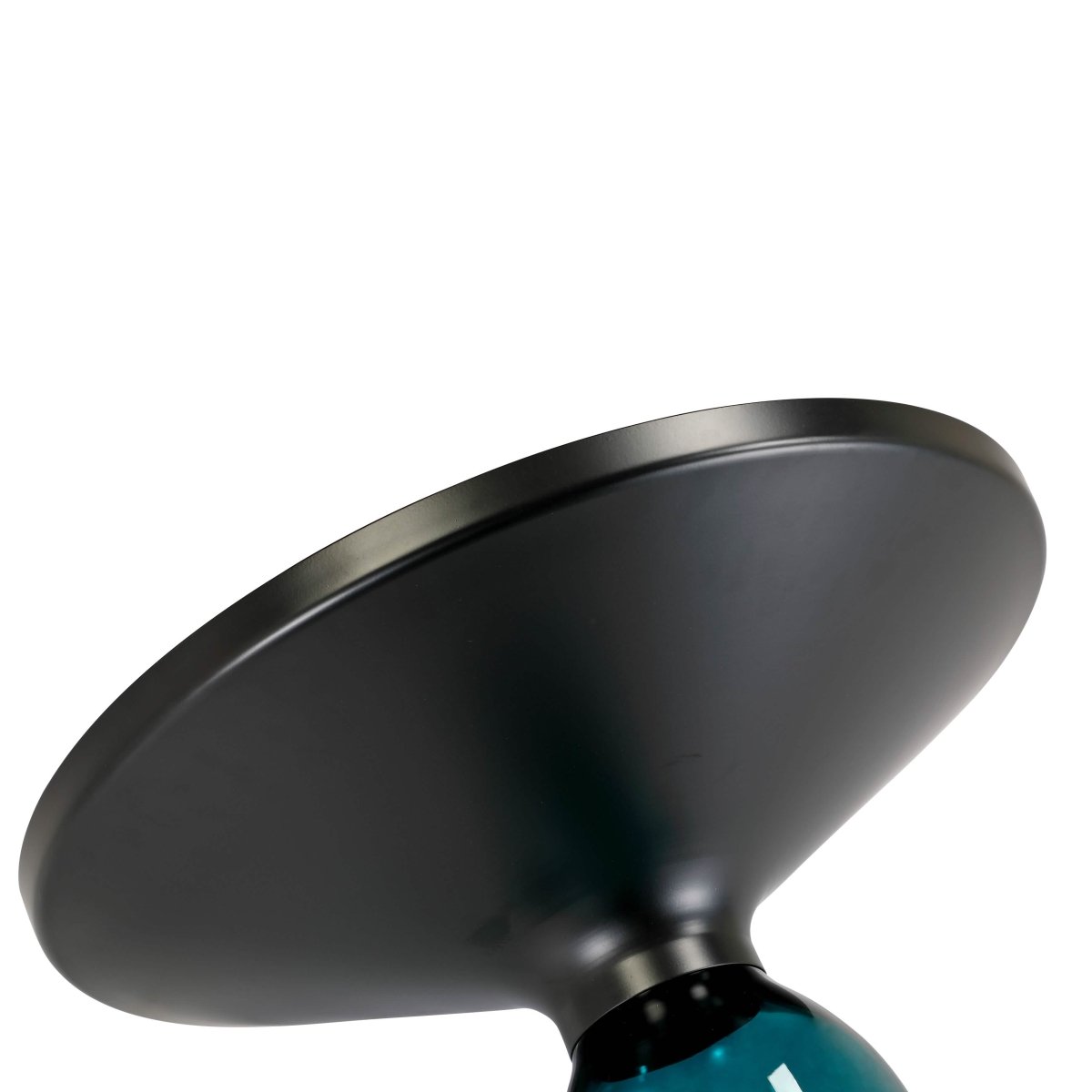 Tully 19-Inch Round Glass/Stone Side Table with Iron Rim Frame and Glass Base Black Glass Blue Black Side Table Leisuremod