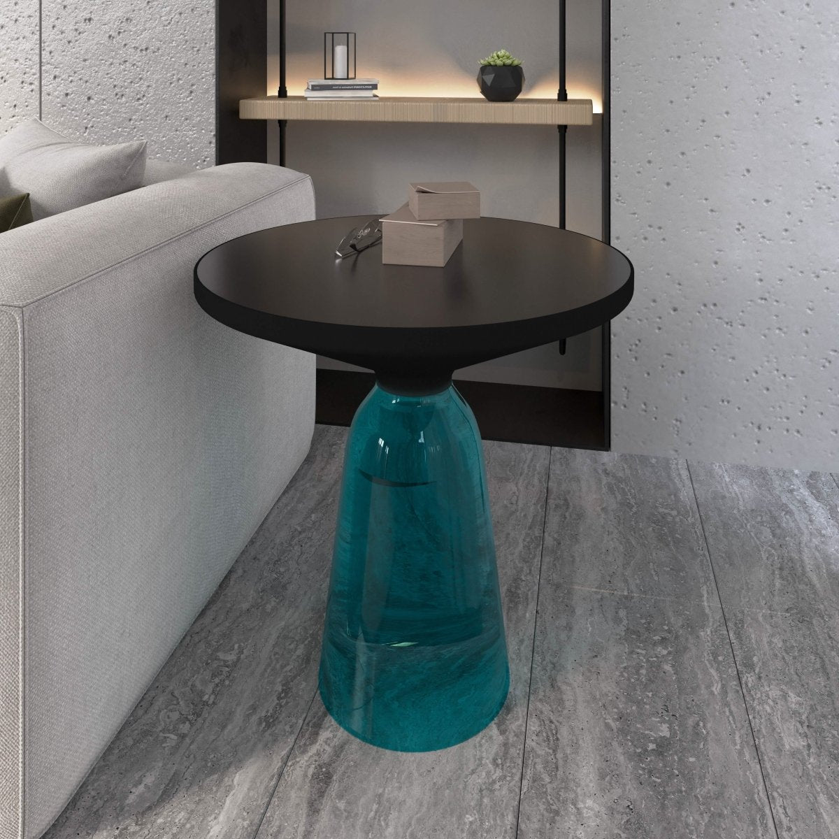 Tully 19-Inch Round Glass/Stone Side Table with Iron Rim Frame and Glass Base Black Glass Blue Black Side Table Leisuremod