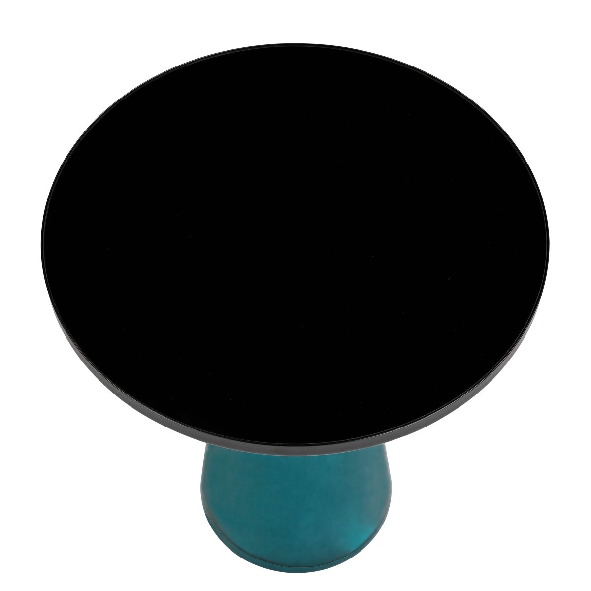 Tully 19-Inch Round Glass/Stone Side Table with Iron Rim Frame and Glass Base Black Glass Blue Black Side Table Leisuremod