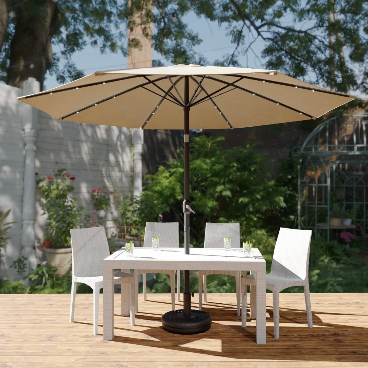 Sierra 9' Outdoor Patio Tilt Market Umbrella with Solar LED Lights Cream Leisuremod