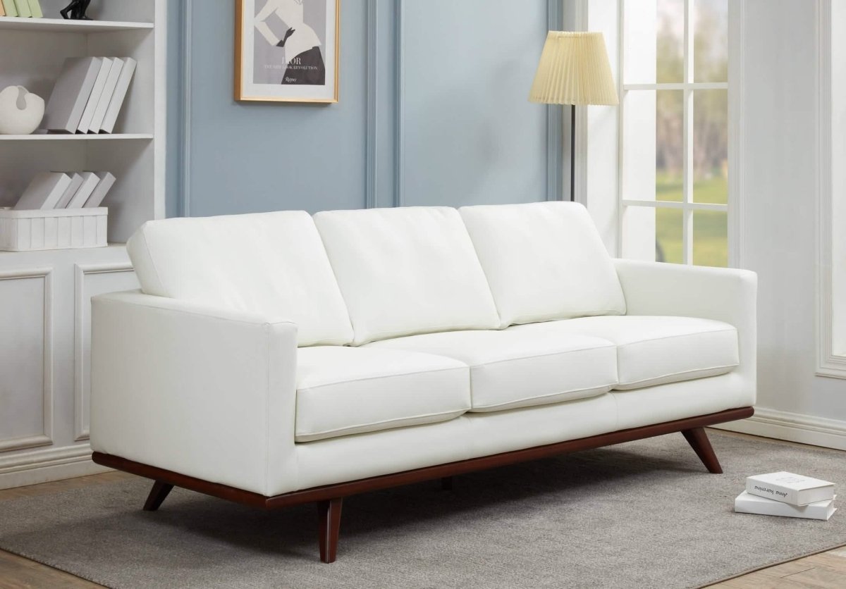 Chester 3-Seater Leather/Mesh Full Size Sofa in Birch Wood Base Leather White Sofa Leisuremod