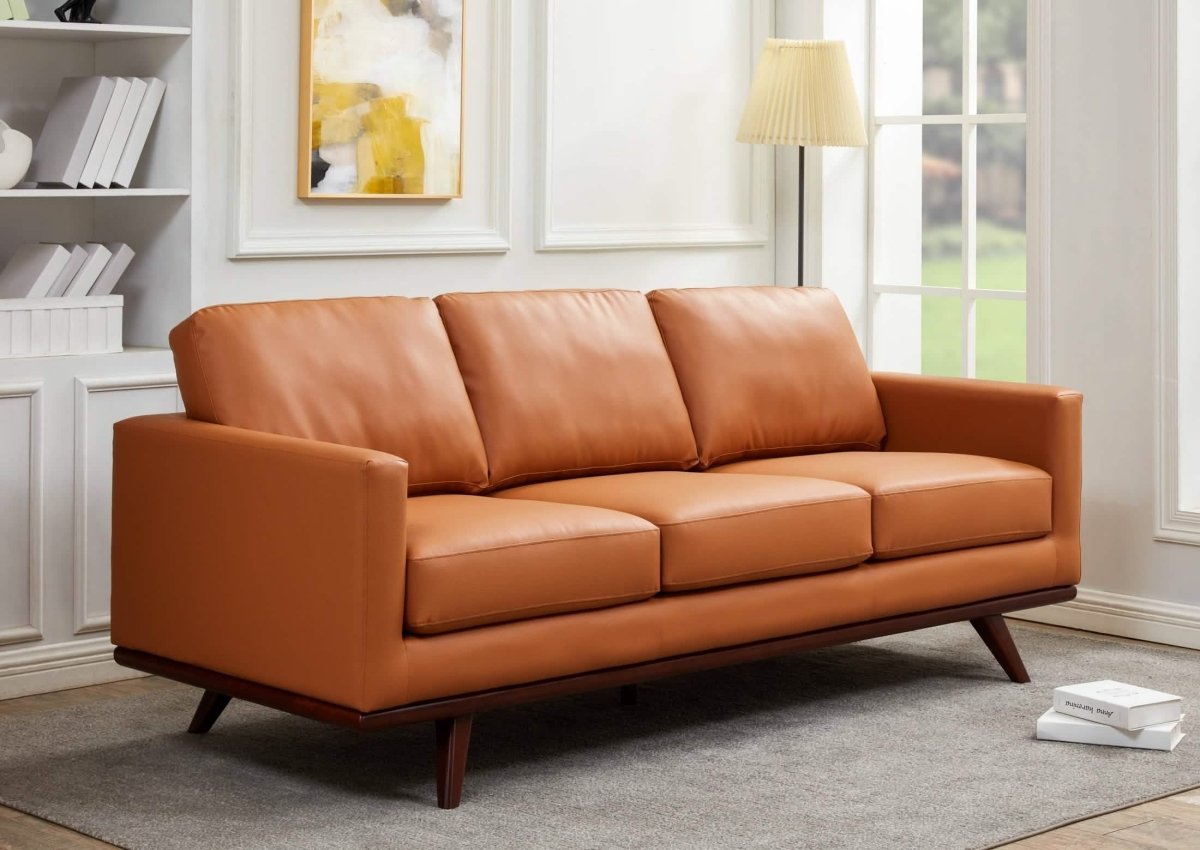 Chester 3-Seater Leather/Mesh Full Size Sofa in Birch Wood Base Leather Cognac Tan Sofa Leisuremod