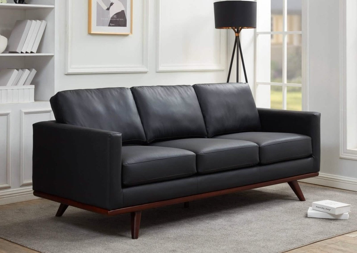 Chester 3-Seater Leather/Mesh Full Size Sofa in Birch Wood Base Leather Black Sofa Leisuremod