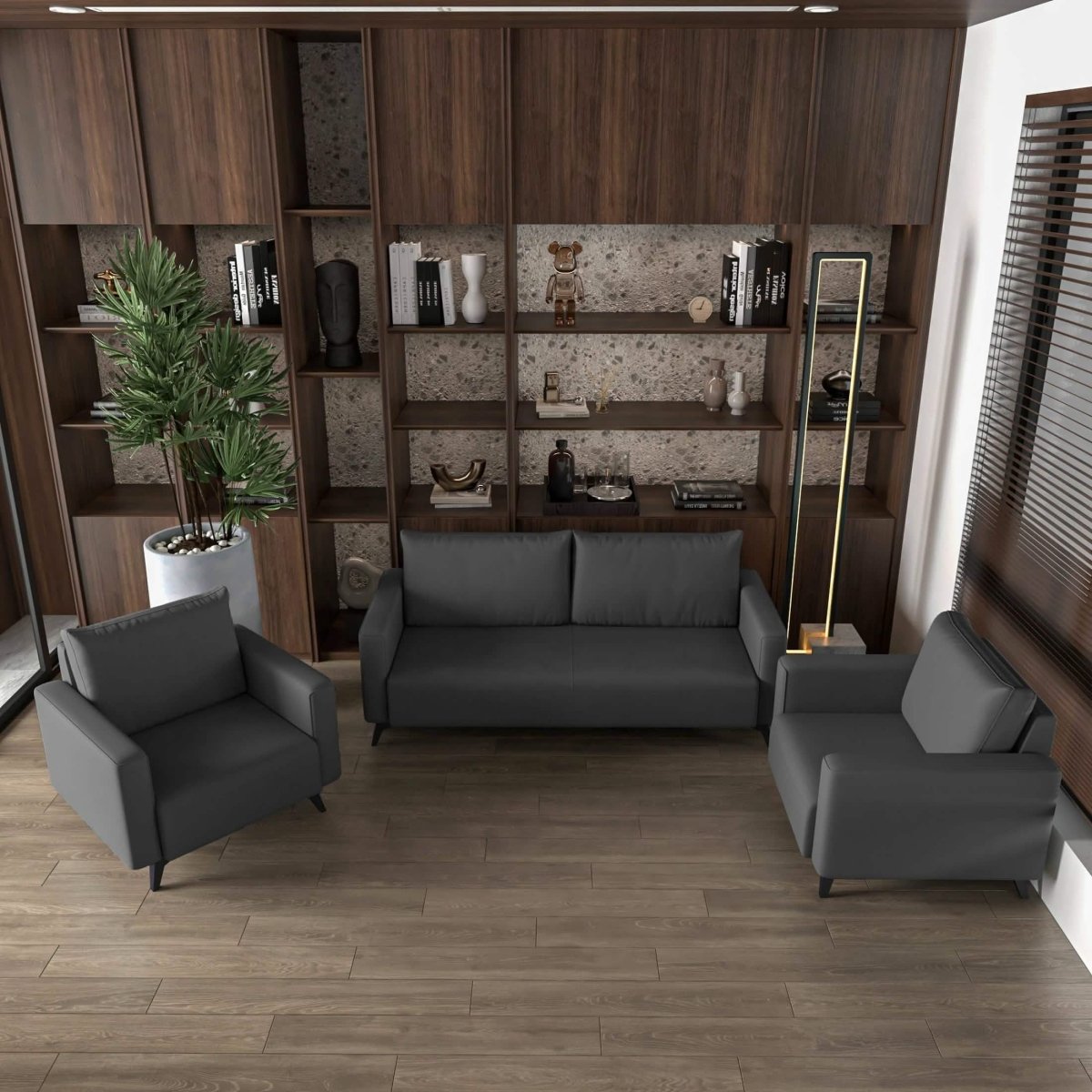 Inno 3-Piece Leather Sofa Set with 2 Single-Seater and a Three-Seater Sofa with Stainless Steel Legs Grey Sofa Leisuremod
