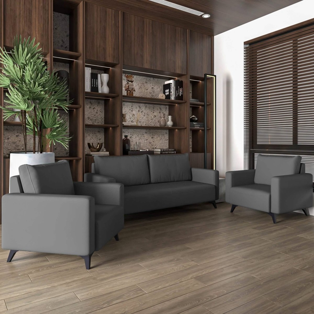 Inno 3-Piece Leather Sofa Set with 2 Single-Seater and a Three-Seater Sofa with Stainless Steel Legs Grey Sofa Leisuremod