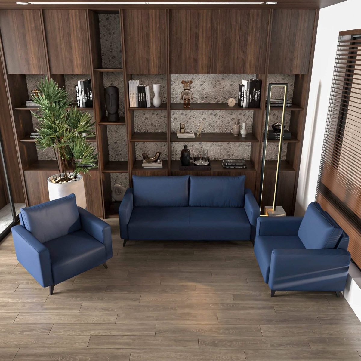 Inno 3-Piece Leather Sofa Set with 2 Single-Seater and a Three-Seater Sofa with Stainless Steel Legs Dark Blue Sofa Leisuremod
