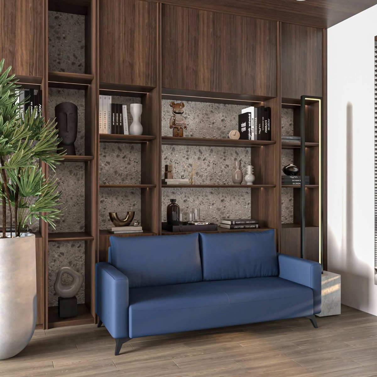 Inno 3-Seater Leather Wide Sofa with Stainless Steel Legs and Removable Cushions Dark Blue Sofa Leisuremod