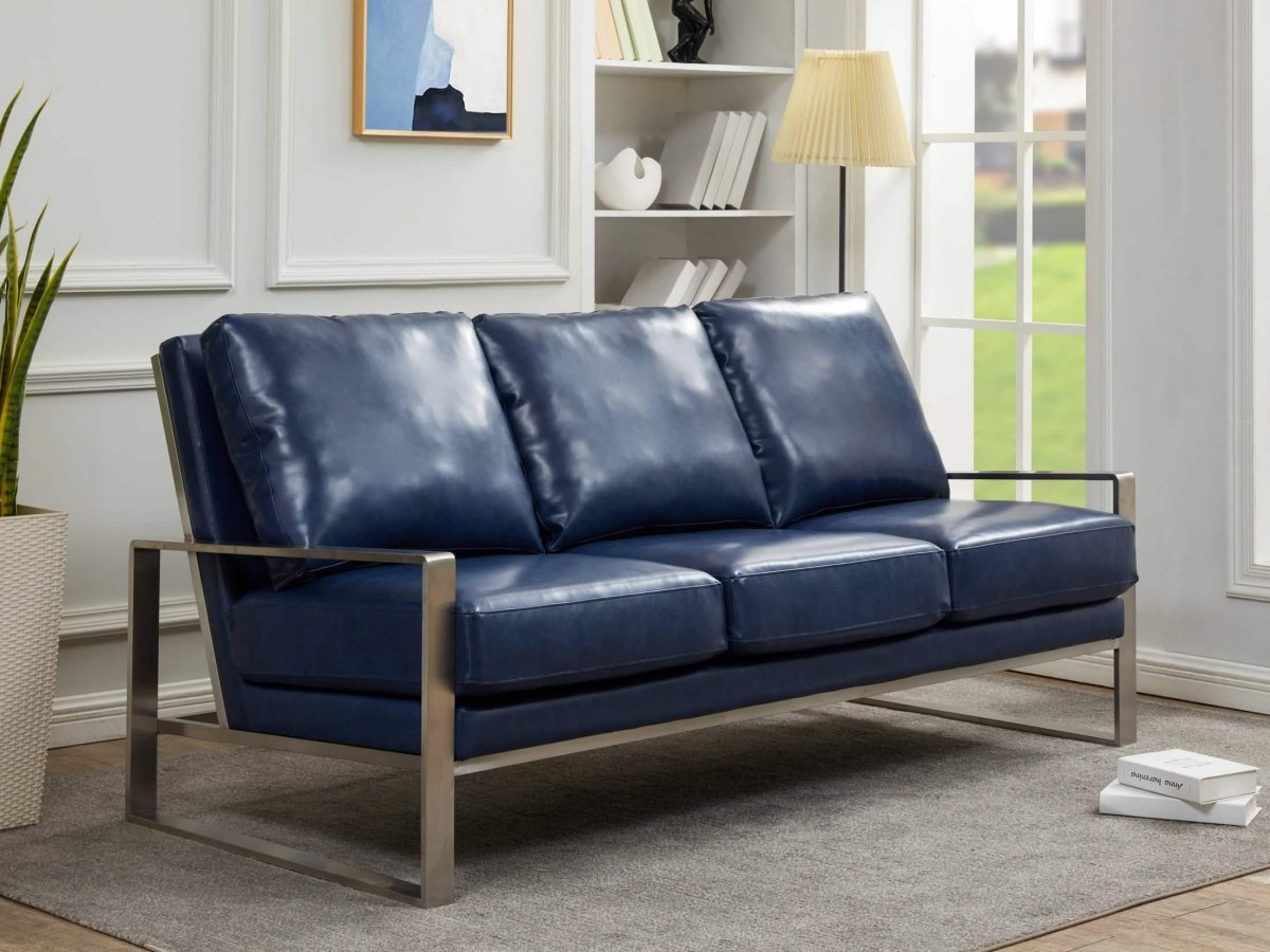 Jefferson 3-Seater Sofa Upholstered in Velvet/Leather with Gold/Silver Steel Base Leather Silver Navy Blue Sofa Leisuremod