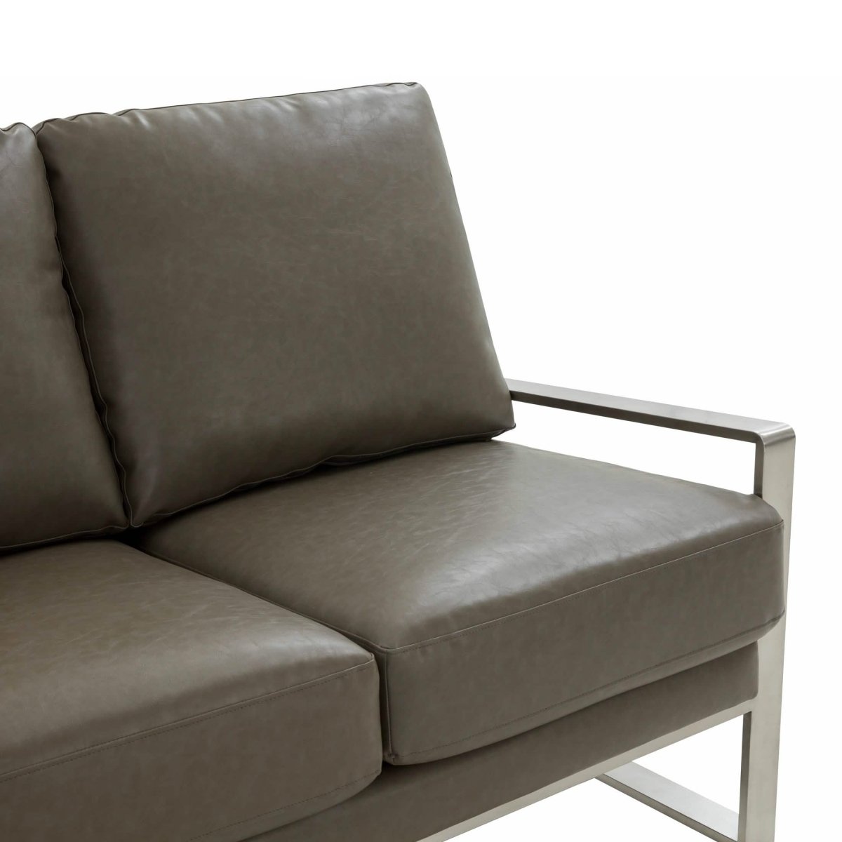 Jefferson 3-Seater Sofa Upholstered in Velvet/Leather with Gold/Silver Steel Base Leather Silver Grey Sofa Leisuremod