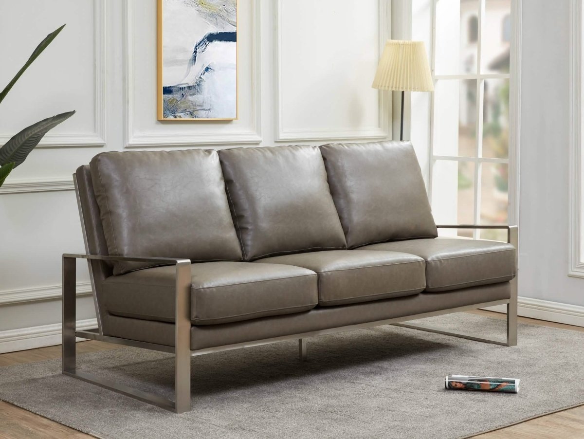 Jefferson 3-Seater Sofa Upholstered in Velvet/Leather with Gold/Silver Steel Base Leather Silver Grey Sofa Leisuremod