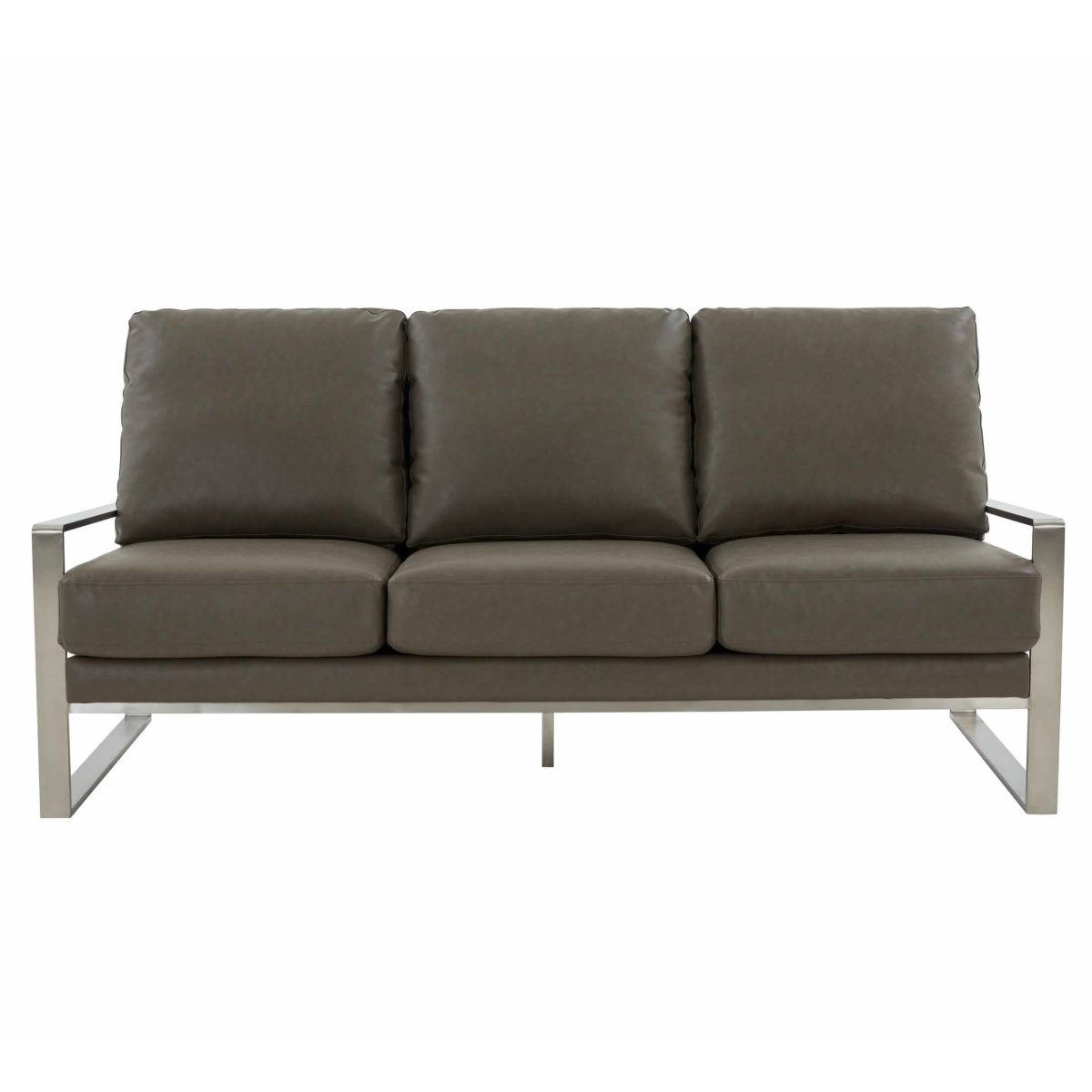 Jefferson 3-Seater Sofa Upholstered in Velvet/Leather with Gold/Silver Steel Base Leather Silver Grey Sofa Leisuremod