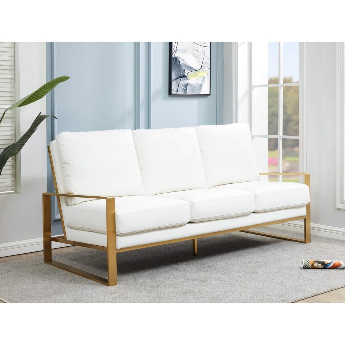 Jefferson 3-Seater Sofa Upholstered in Velvet/Leather with Gold/Silver Steel Base Sofa Leisuremod