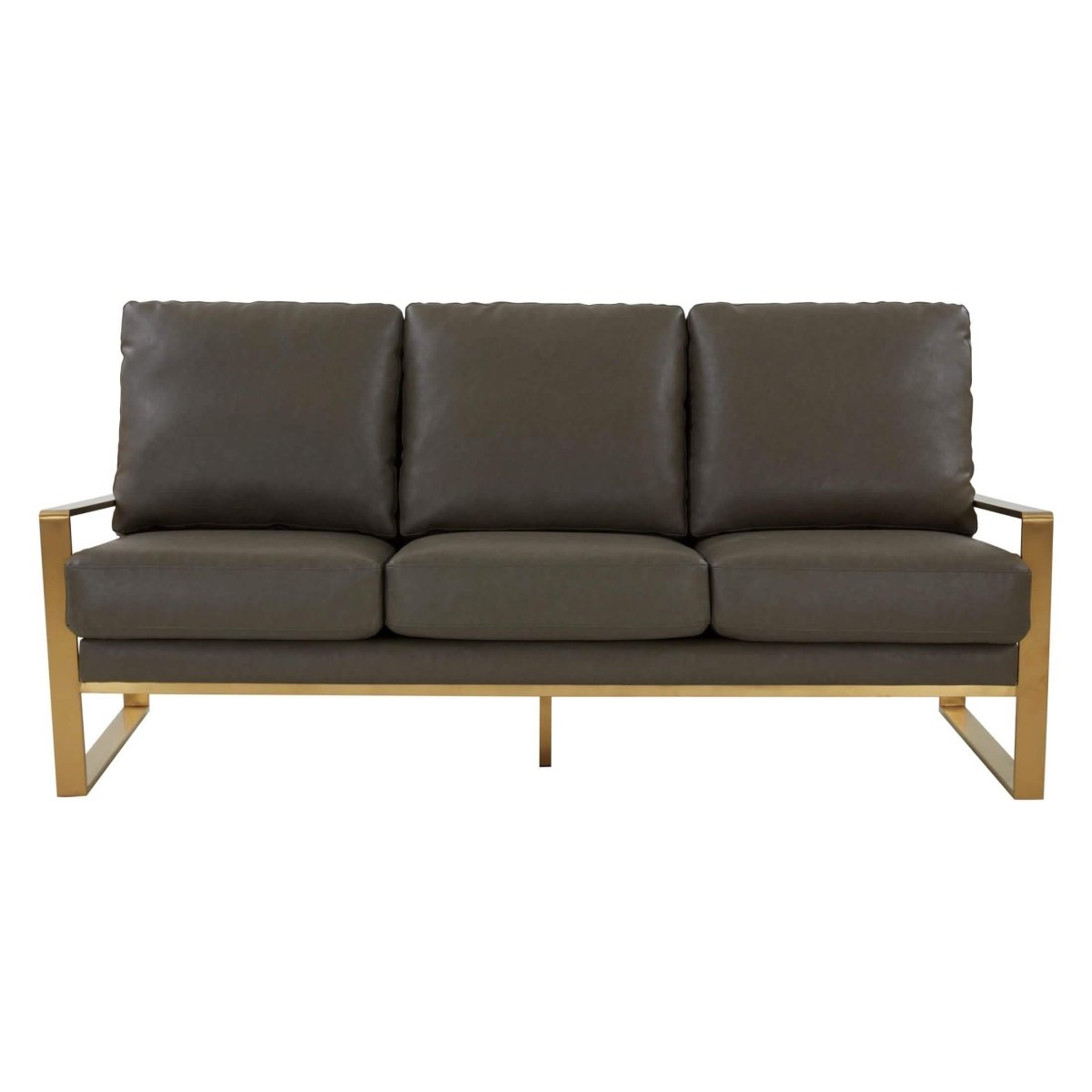 Jefferson 3-Seater Sofa Upholstered in Velvet/Leather with Gold/Silver Steel Base Leather Gold Grey Sofa Leisuremod