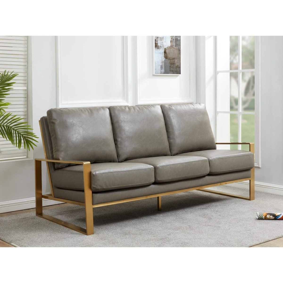 Jefferson 3-Seater Sofa Upholstered in Velvet/Leather with Gold/Silver Steel Base Leather Gold Grey Sofa Leisuremod