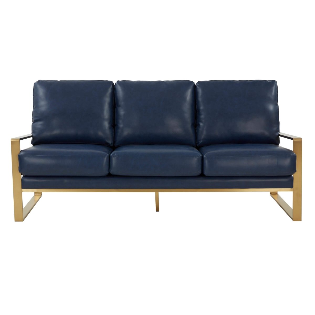 Jefferson 3-Seater Sofa Upholstered in Velvet/Leather with Gold/Silver Steel Base Leather Gold Navy Blue Sofa Leisuremod