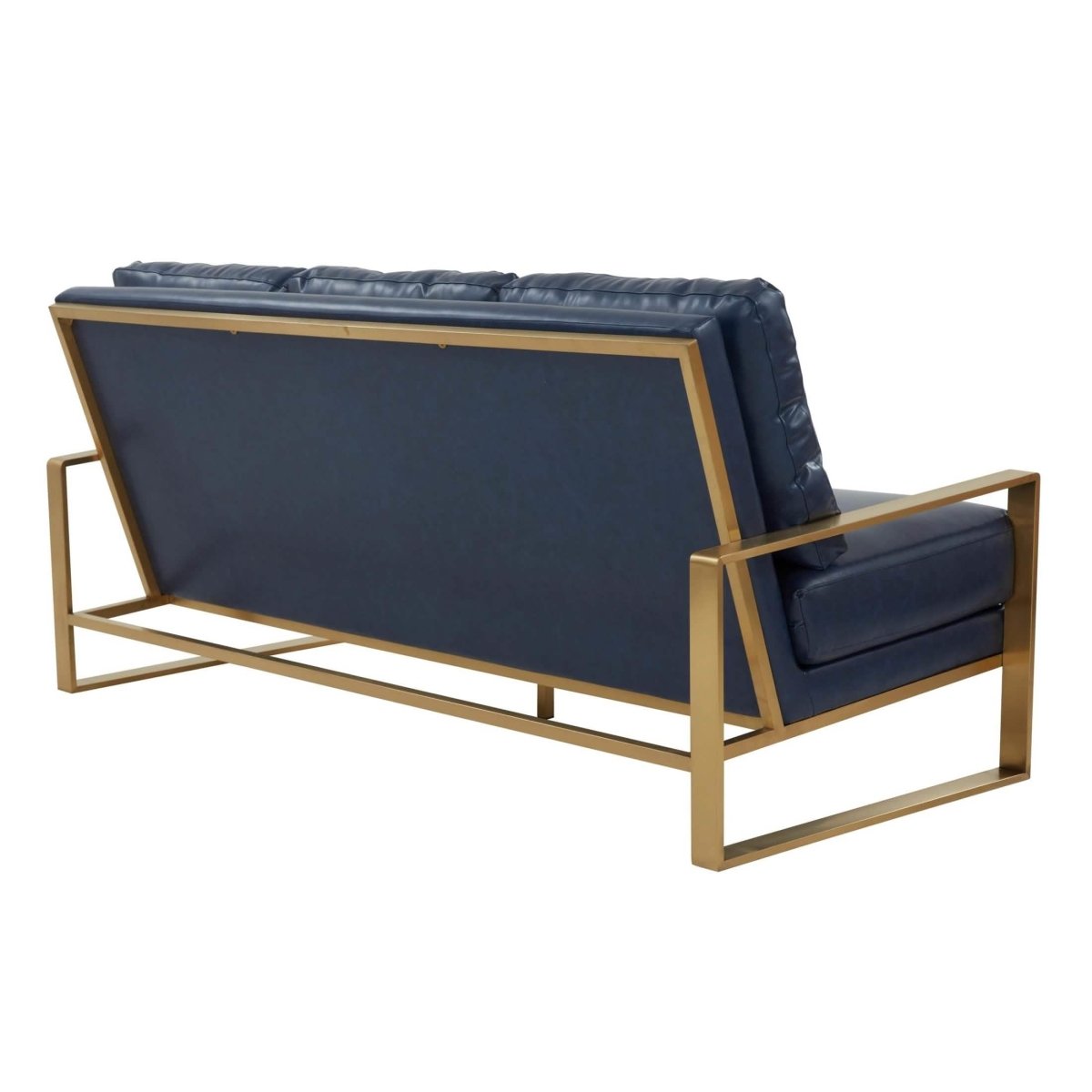 Jefferson 3-Seater Sofa Upholstered in Velvet/Leather with Gold/Silver Steel Base Leather Gold Navy Blue Sofa Leisuremod