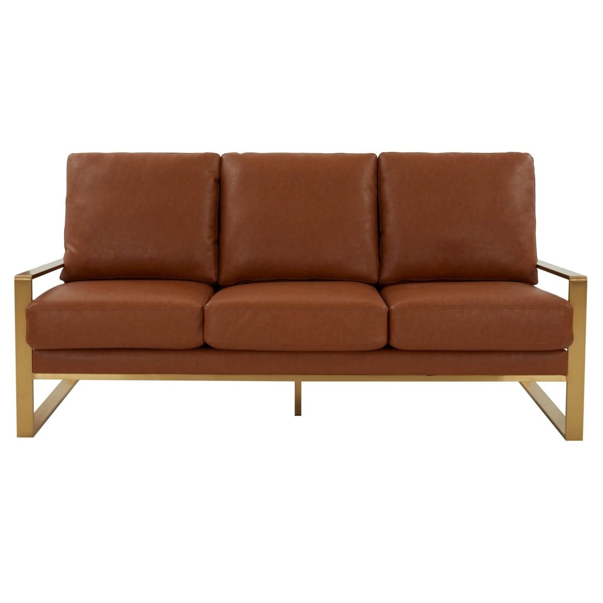 Jefferson 3-Seater Sofa Upholstered in Velvet/Leather with Gold/Silver Steel Base Leather Gold Black Sofa Leisuremod
