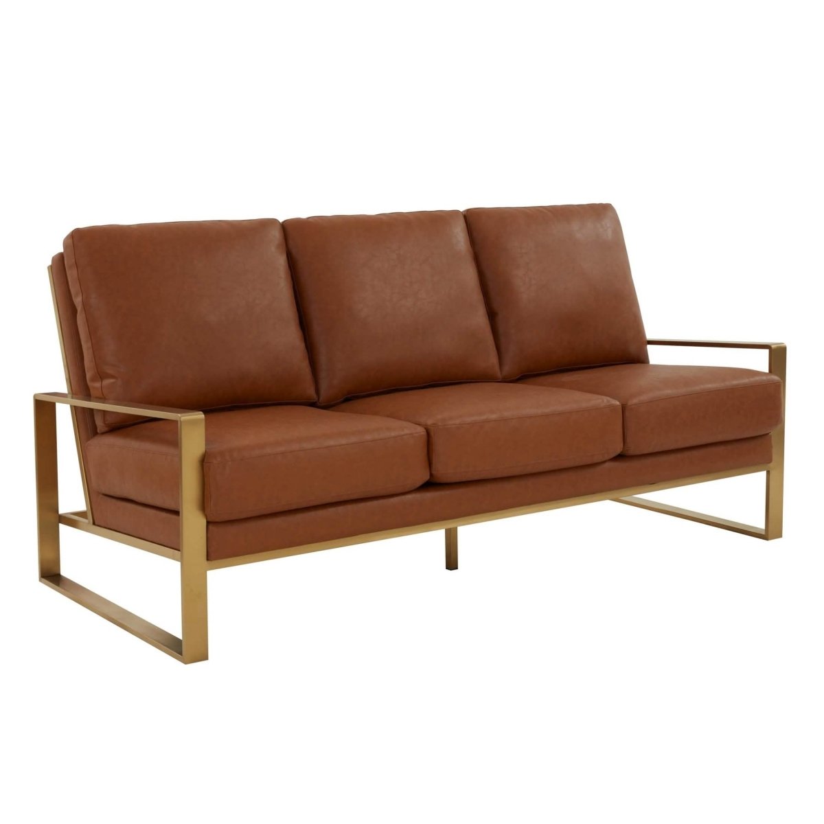Jefferson 3-Seater Sofa Upholstered in Velvet/Leather with Gold/Silver Steel Base Leather Gold Black Sofa Leisuremod