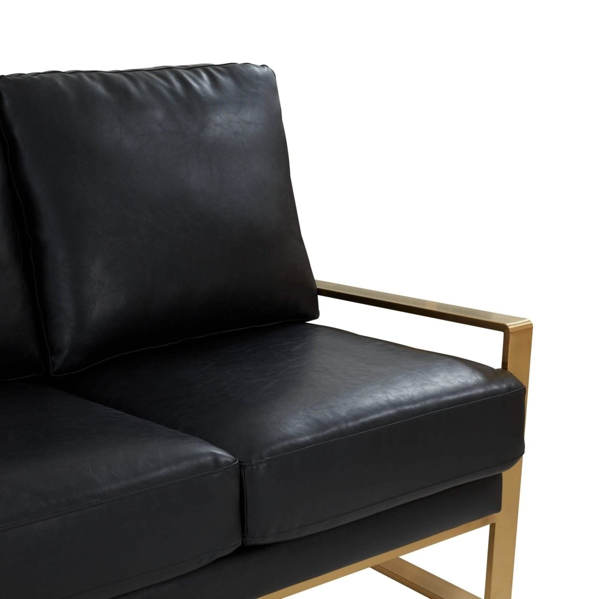 Jefferson 3-Seater Sofa Upholstered in Velvet/Leather with Gold/Silver Steel Base Leather Gold Black Sofa Leisuremod