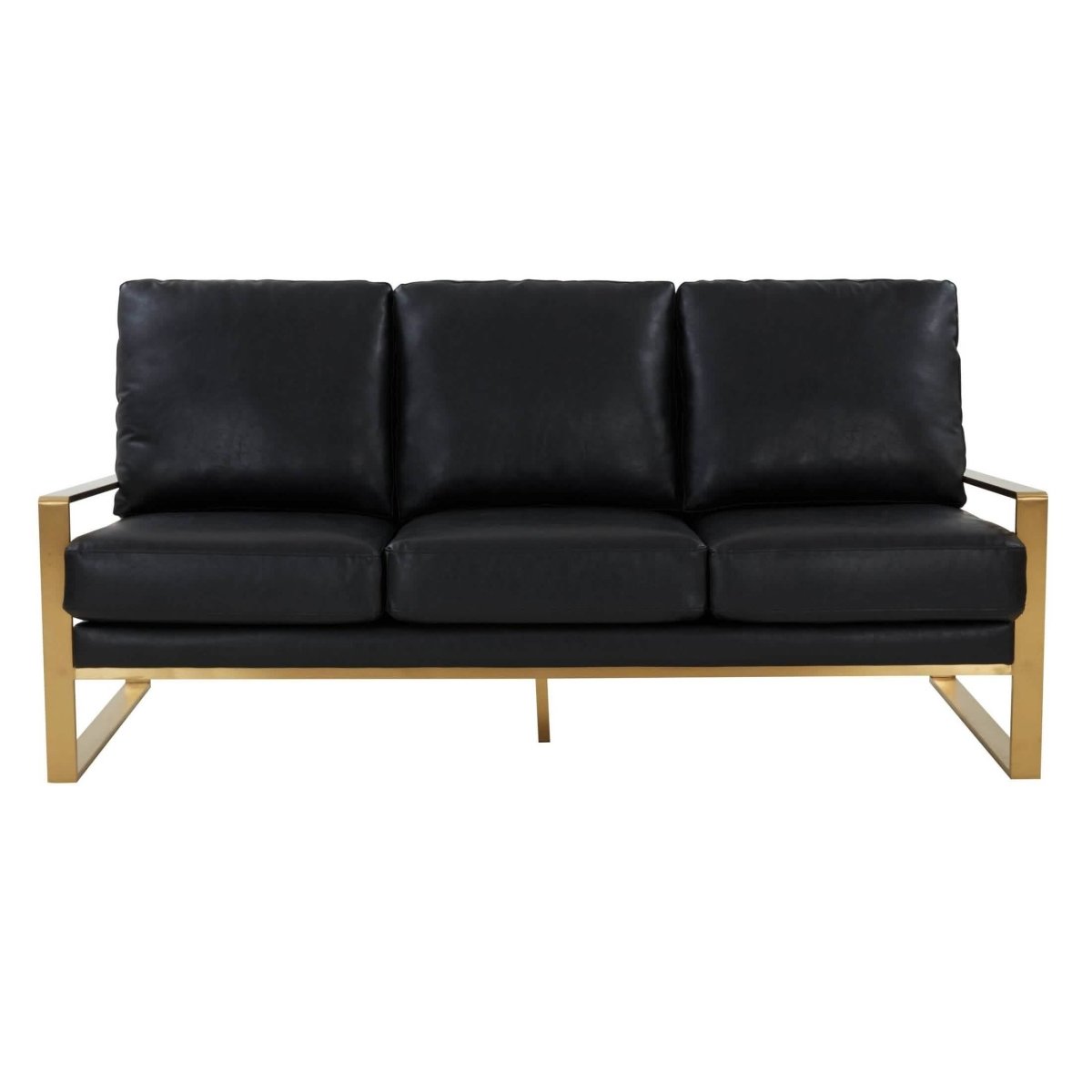 Jefferson 3-Seater Sofa Upholstered in Velvet/Leather with Gold/Silver Steel Base Leather Gold Black Sofa Leisuremod