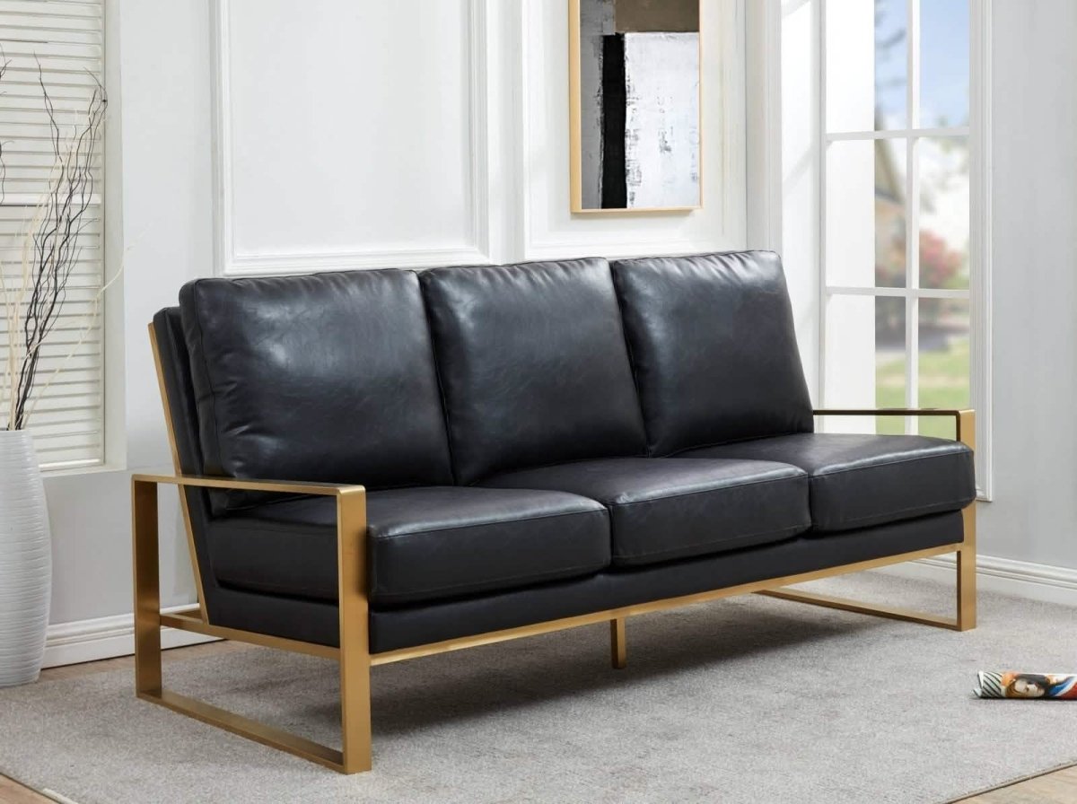 Jefferson 3-Seater Sofa Upholstered in Velvet/Leather with Gold/Silver Steel Base Leather Gold Black Sofa Leisuremod