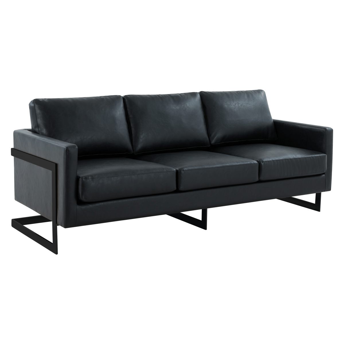 LeisureMod Sofa Leather / Black / Black Lincoln 3-Seater Sofa Upholstered in Velvet/Leather with Black/Silver/Gold Steel Base