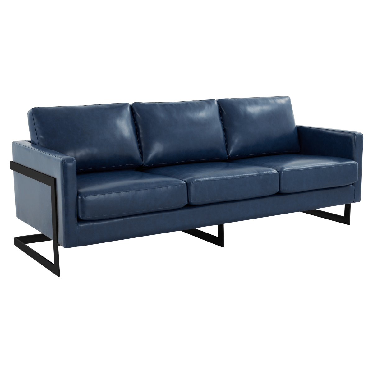 LeisureMod Sofa Leather / Black / Blue Lincoln 3-Seater Sofa Upholstered in Velvet/Leather with Black/Silver/Gold Steel Base