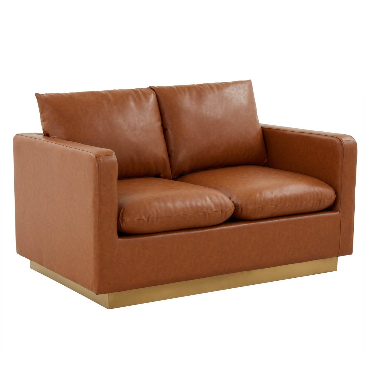 Nervo Upholstered Velvet/Leather Loveseat with Gold Stainless Steel Base Leather Cognac Tan Sofa Leisuremod
