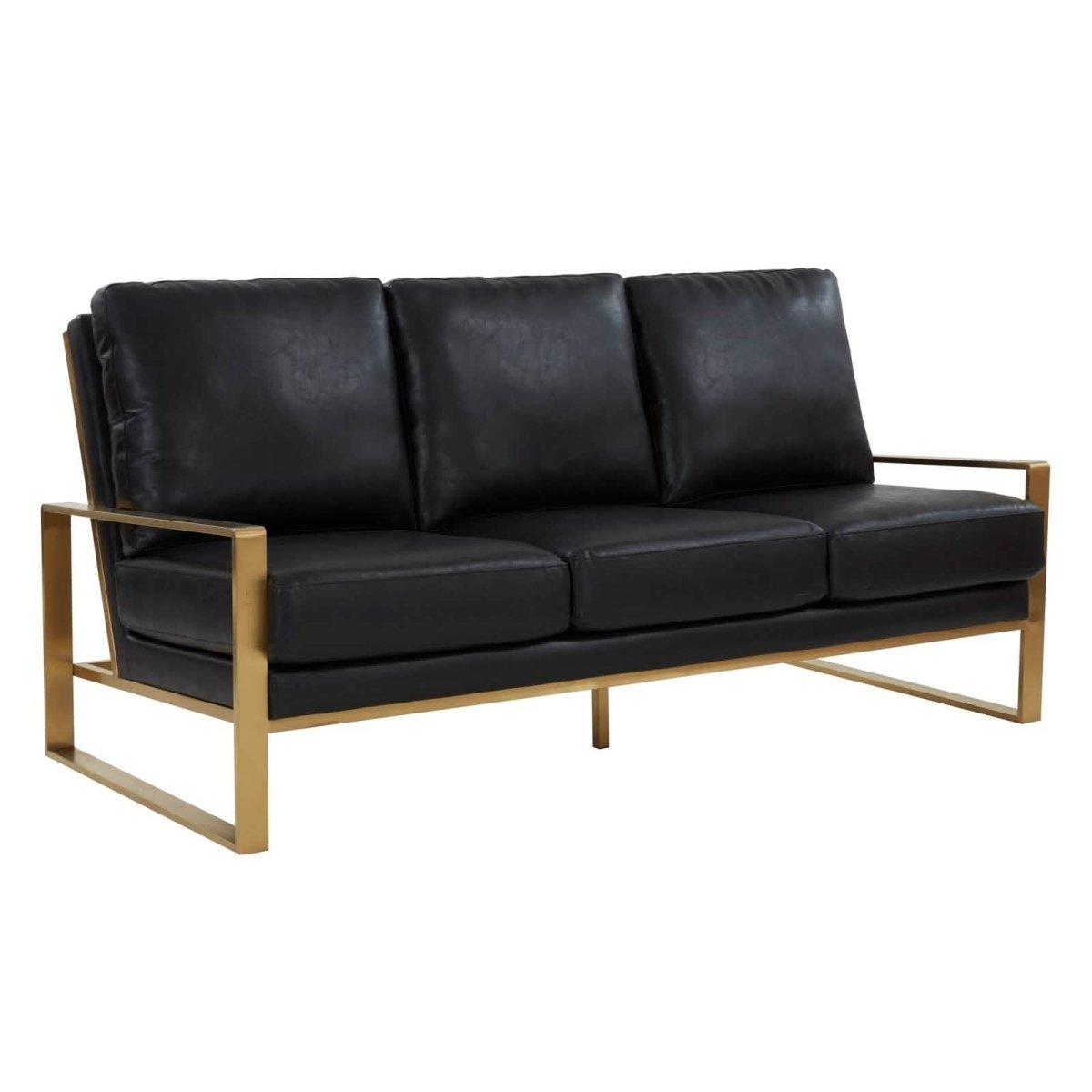 Jefferson 3-Seater Sofa Upholstered in Velvet/Leather with Gold/Silver Steel Base Leather Gold Black Sofa Leisuremod