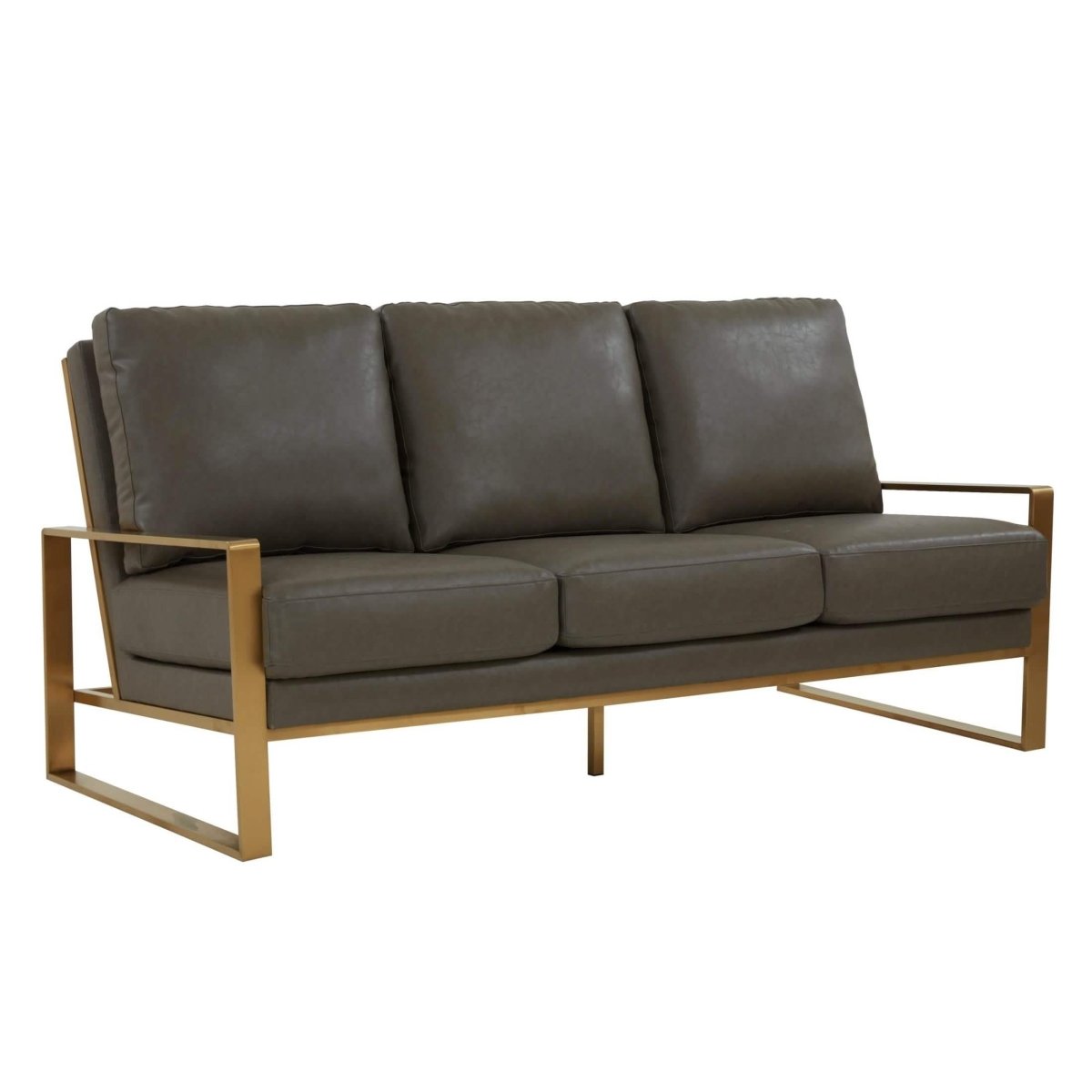 Jefferson 3-Seater Sofa Upholstered in Velvet/Leather with Gold/Silver Steel Base Leather Gold Grey Sofa Leisuremod
