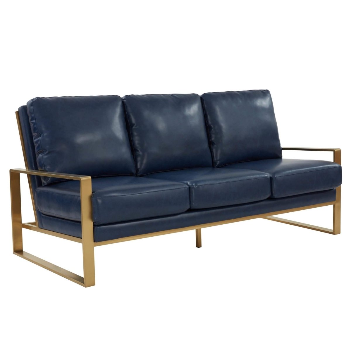 Jefferson 3-Seater Sofa Upholstered in Velvet/Leather with Gold/Silver Steel Base Leather Gold Navy Blue Sofa Leisuremod