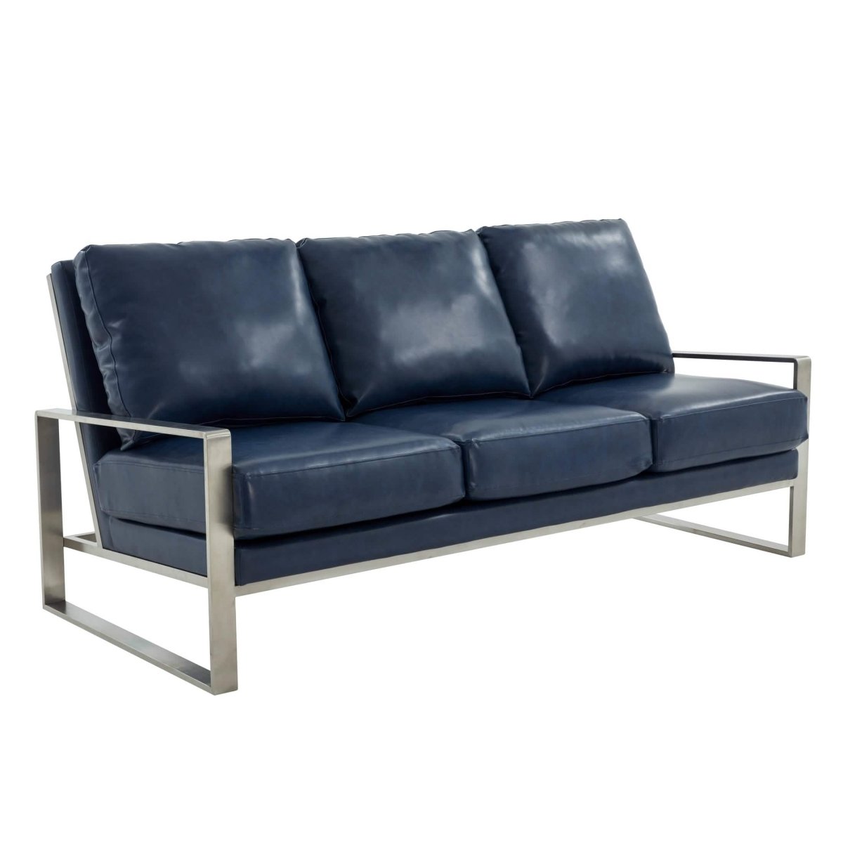 Jefferson 3-Seater Sofa Upholstered in Velvet/Leather with Gold/Silver Steel Base Leather Silver Navy Blue Sofa Leisuremod