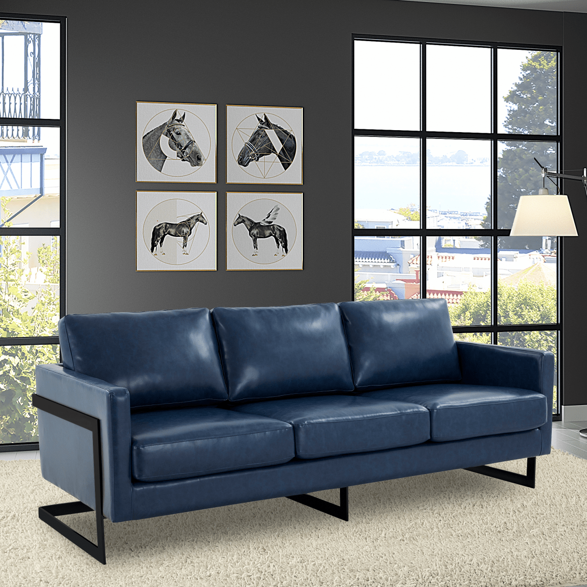 LeisureMod Sofa Lincoln 3-Seater Sofa Upholstered in Velvet/Leather with Black/Silver/Gold Steel Base