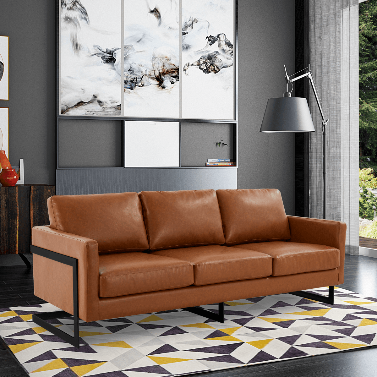 LeisureMod Sofa Lincoln 3-Seater Sofa Upholstered in Velvet/Leather with Black/Silver/Gold Steel Base