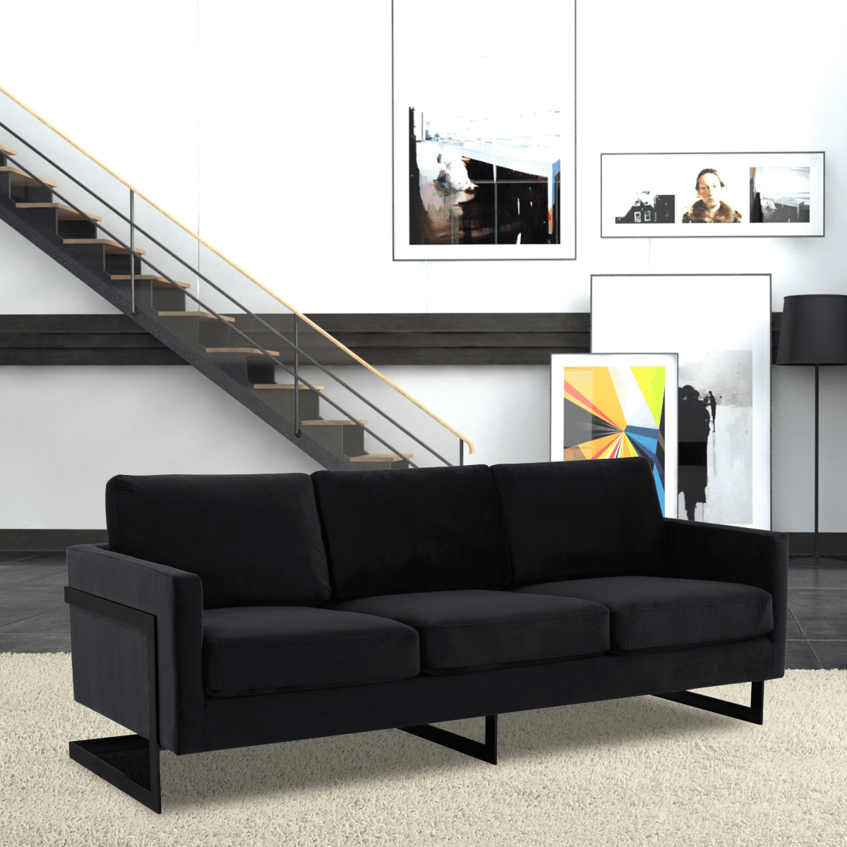 Lincoln 3-Seater Sofa Upholstered in Velvet/Leather with Black/Silver/Gold Steel Base Velvet Black Midnight Black Sofa LeisureMod